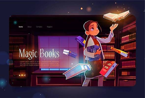 EPS 해외이미지 여자 어린이 일러스트 창문 책장 실내 한명 들기 손짓 상반신 책 판타지 올려보기 마법사 도서관 마법 소녀한명만 해외일러스트 1 교육 가구 모션 상상 사람 내부 여자한명만 소녀만 파일형식 벡터 이미지허브