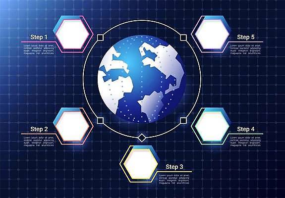 EPS 해외이미지 템플릿 디자인 일러스트 비즈니스 텍스트 그래프 설명 그래픽 가로 파란색 컬러풀 숫자 지구본 자료 공백 블록 인포그래픽 흐름 정보 발표 계획 연결 보고서 옵션 레이아웃 심플 5 육각형 단계 진행 방법 엘리먼트 타임라인 카피스페이스 해외일러스트 도형 문자 컬러 컨셉 모션 파일형식 벡터 이미지허브