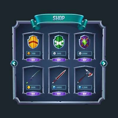 EPS 해외이미지 무기 일러스트 사람없음 쇼핑 판타지 세트 상점 게임 칼 구매 가격 도끼 방패 UI 엘리먼트 해외일러스트 상상 놀이 파일형식 벡터 이미지허브