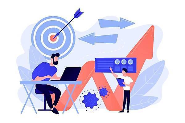 EPS 해외이미지 전신 남자 화살표 일러스트 비즈니스 들기 앉기 성인 두명 파란색 가리킴 타이핑 과녁판 상승 성인남자만 코랄 해외일러스트 컬러 컨셉 모션 사람 손짓 남자만 성인만 파일형식 벡터 이미지허브