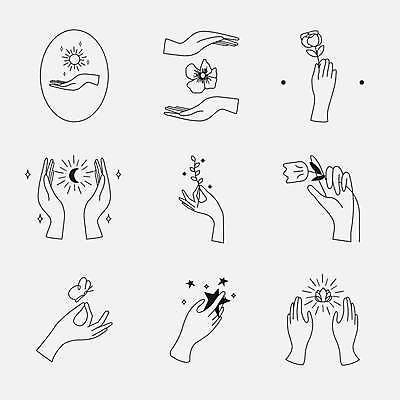 EPS 해외이미지 손 디자인 꽃 별 나비 잎 라인일러스트 일러스트 들기 손짓 신체부위 세트 달 잡기 심플 엘리먼트 해외일러스트 자연요소 식물 곤충 모션 사람 파일형식 벡터 이미지허브