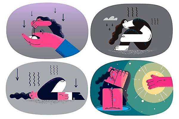 EPS 해외이미지 전신 손 여자 화살표 엎드리기 일러스트 들기 앉기 여러명 성인 신체부위 빛 슬픔 손내밀기 웅크림 위로 무기력 우울감 우울증 성인여자만 해외일러스트 감정 다수 컨셉 모션 사람 손짓 질병 여자만 성인만 파일형식 벡터 이미지허브