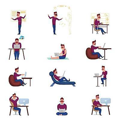 EPS 해외이미지 전신 남자 의자 일러스트 통신 탁자 서기 앉기 여러명 성인 노트북 눕기 모니터 기댐 업무 프리랜서 성인남자만 빈백 해외일러스트 직업 가구 생활용품 다수 모션 사람 전자제품 컴퓨터 작업 남자만 성인만 파일형식 벡터 이미지허브