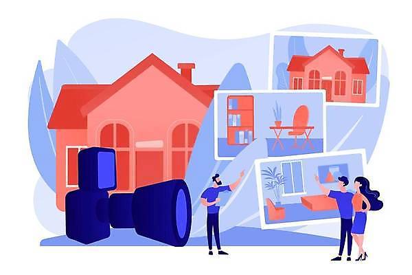 EPS 해외이미지 전신 커플 여자 남자 일러스트 부동산 주택 성인 세명 파란색 카메라 가리킴 성인만 코랄 해외일러스트 컬러 관계 사람 손짓 건물 전자제품 재산 파일형식 벡터 이미지허브