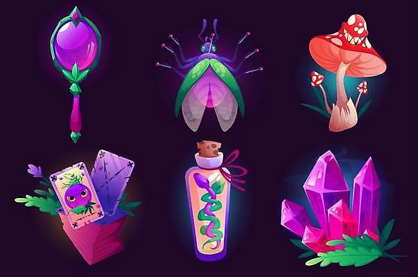 EPS 해외이미지 일러스트 사람없음 판타지 세트 버섯 거울 게임 카드 뱀 벌레 보석 뱀술 엘리먼트 해외일러스트 곤충 파충류 상상 놀이 주류 광석 파일형식 벡터 이미지허브