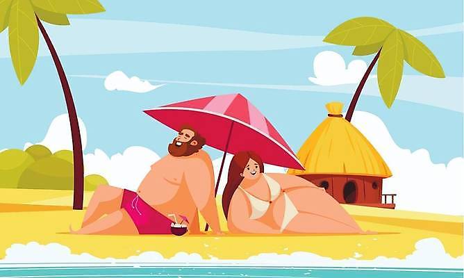 EPS 해외이미지 전신 여자 남자 수영복 파도 일러스트 주택 앉기 성인 해변 두명 여름휴가 비키니 야자수 눕기 파라솔 비만 코코넛주스 성인만 해외일러스트 나무 옷 바다 모션 휴가 사람 건물 주스 몸매 코코넛 파일형식 벡터 여름_계절 이미지허브