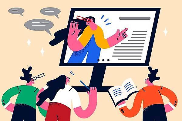 EPS 해외이미지 여자 남자 안경 컨셉 말풍선 일러스트 비즈니스 들기 여러명 상반신 성인 책 모니터 가리킴 동료 성인만 웨비나 해외일러스트 잡화 다수 관계 모션 사람 손짓 컴퓨터 세미나 파일형식 벡터 언택트 이미지허브