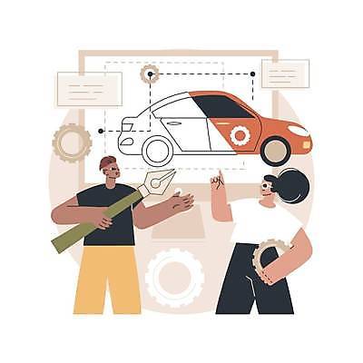 EPS 해외이미지 라이프스타일 디자인 여자 남자 일러스트 자동차 대화 들기 상반신 성인 두명 펜 설계도 가리킴 톱니바퀴 성인만 해외일러스트 육상교통 모션 건설업 말하기 사람 손짓 생활 필기구 파일형식 벡터 이미지허브