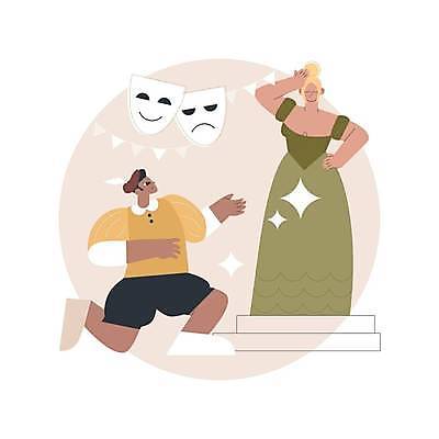 EPS 해외이미지 전신 라이프스타일 여자 남자 포즈 일러스트 가면 서기 손짓 성인 두명 배우 무릎꿇기 극장 연극 성인만 해외일러스트 모션 문화예술 사람 생활 연예인 파일형식 벡터 이미지허브