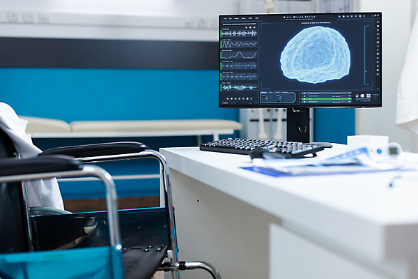 포토 JPG 해외이미지 실내 병원 사람없음 컴퓨터 모니터 소프트포커스 책상 휠체어 뇌 의료시설 진료실 홀로그램 해외포토 가구 의학 촬영기법 내부 전자제품 진료 시설 파일형식 이미지허브