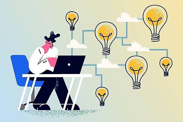 EPS 해외이미지 남자 의자 일러스트 비즈니스 전구 아이디어 한명 앉기 성인 노트북 컴퓨터 업무 비즈니스맨 계획 책상 성인남자한명만 해외일러스트 1 가구 컨셉 모션 사람 전자제품 작업 직장인 남자한명만 성인남자만 파일형식 벡터 이미지허브