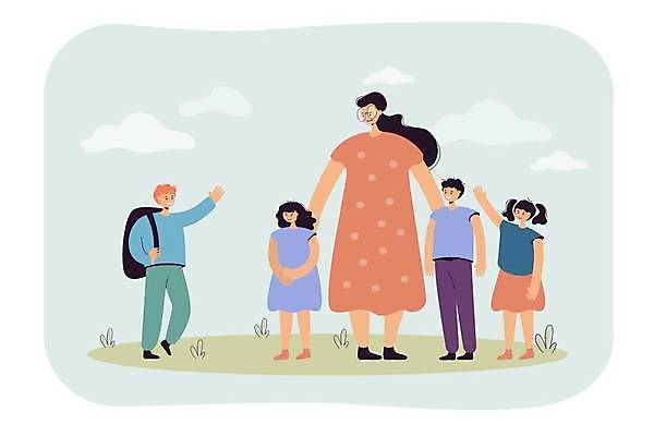 EPS 해외이미지 전신 여자 남자 딸 아들 어린이 일러스트 가족 엄마 서기 소년 여러명 성인 친구 손인사 해외일러스트 다수 관계 모션 사람 인사 파일형식 벡터 이미지허브