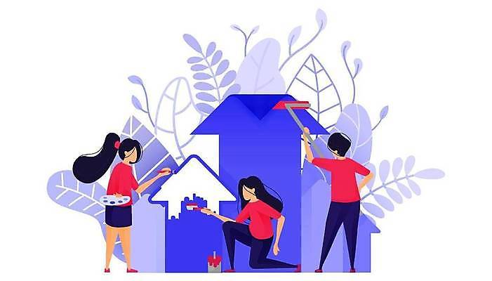 EPS 해외이미지 전신 여자 남자 잎 일러스트 비즈니스 성인 세명 파란색 붓 색칠 스마트 성인만 해외일러스트 식물 컬러 컨셉 사람 파일형식 벡터 이미지허브