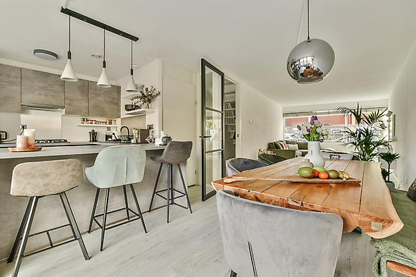 포토 JPG 해외이미지 의자 과일 식탁 전등 실내 사람없음 인테리어 문 주방 꽃병 심플 나무탁자 아일랜드식탁 해외포토 디자인 꽃 가구 탁자 조명 내부 파일형식 이미지허브