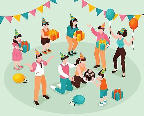 EPS 해외이미지 여자 남자 딸 아들 어린이 일러스트 가족 엄마 선물 서기 들기 소년 여러명 성인 선물상자 전시 생일파티 아빠 생일케이크 주기 풍선 생일선물 얼굴없음 해외일러스트 다수 관계 모션 사람 상자 케이크 생일 파일형식 벡터 이미지허브