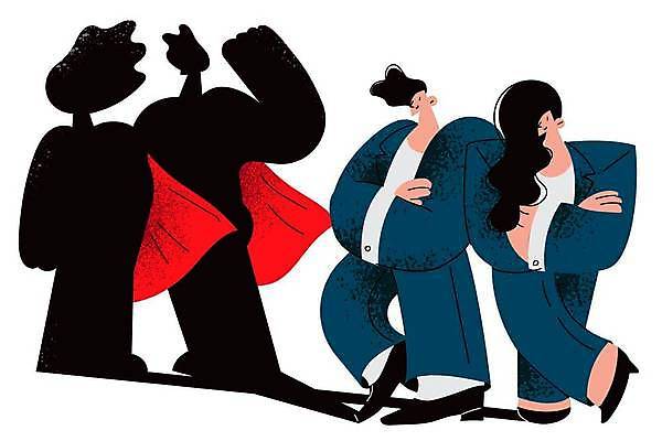 EPS 해외이미지 전신 여자 남자 일러스트 비즈니스 협력 그림자 성인 두명 손들기 팔짱 힘 경쟁 업무 비즈니스맨 자신감 동료 영웅 빨간망토 성인만 콜라보레이션 해외일러스트 감정 컨셉 관계 모션 사람 작업 직장인 망토 파일형식 벡터 이미지허브