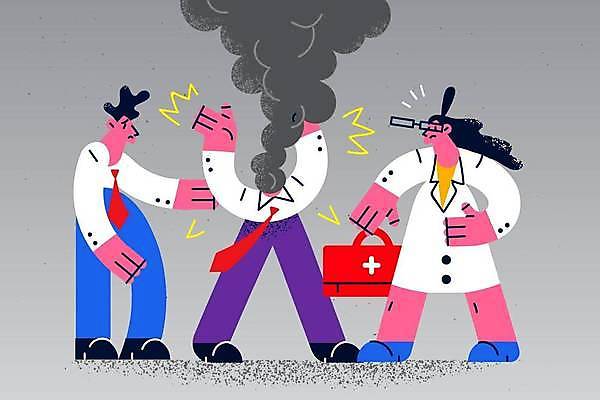 EPS 해외이미지 전신 여자 남자 일러스트 서기 들기 성인 세명 손들기 놀람 회색 의사 비즈니스맨 연기 구급상자 폭발 성인만 번아웃증후군 정신상담 해외일러스트 감정 컬러 비즈니스 모션 표정 사람 치료 의료진 의료용품 직장인 사회이슈 파일형식 벡터 이미지허브