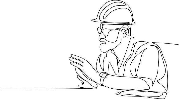 EPS 해외이미지 남자 라인일러스트 일러스트 노동자 말하기 한명 상반신 성인 안전모 라인아트 손그림 드로잉 성인남자한명만 안경낌 해외일러스트 직업 1 안경 선 모션 미술 사람 헬멧 안전장비 남자한명만 성인남자만 파일형식 벡터 이미지허브