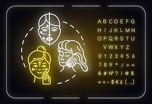 EPS 해외이미지 손 알파벳 여자 화살표 선 백그라운드 일러스트 성인 타이포그라피 세명 머리 마사지 화려 심볼 네온 형광등 성인여자만 해외일러스트 문자 영어 컨셉 전등 사람 신체부위 여자만 성인만 파일형식 벡터 이미지허브