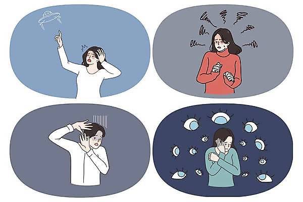 EPS 해외이미지 응시 여자 남자 일러스트 여러명 상반신 성인 가리킴 불안 UFO 공포 얼굴가리기 환각 성인만 공황장애 해외일러스트 시선 감정 다수 사람 손짓 미확인물체 가림 정신질환 증상 파일형식 벡터 이미지허브