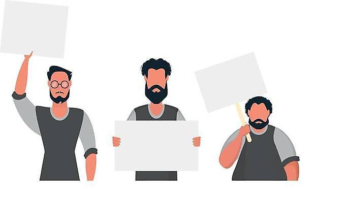 EPS 해외이미지 디자인 배너 남자 컨셉 일러스트 프레임 들기 상반신 성인 세명 팻말 자유 시위 항의 얼굴없음 성인남자만 해외일러스트 모션 사람 남자만 성인만 파일형식 벡터 이미지허브