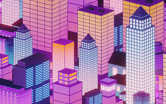 EPS 해외이미지 일러스트 주택 사람없음 건물 파란색 빛 3D 보라색 고층빌딩 도시 가득함 네온 그라데이션 스카이라인 해외일러스트 건축물 컬러 빌딩 디지털합성 파일형식 벡터 이미지허브
