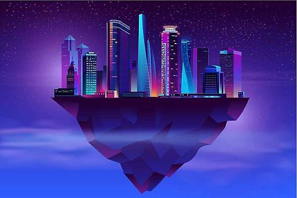 EPS 해외이미지 섬 일러스트 밤하늘 사람없음 건물 공중 파란색 빛 보라색 고층빌딩 도시 네온 그라데이션 스카이라인 해외일러스트 건축물 컬러 하늘 빌딩 야간 파일형식 벡터 이미지허브