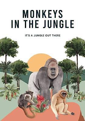 EPS 해외이미지 나무 꽃 포스터 일러스트 세마리 사람없음 초록색 태양 원숭이 열대우림 유인원 고릴라 해외일러스트 자연요소 식물 컬러 포유류 3 숲 파일형식 벡터 이미지허브