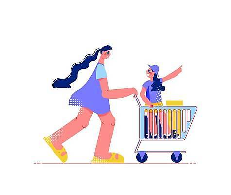 EPS 해외이미지 전신 여자 어린이 일러스트 가족 서기 성인 두명 쇼핑 마주보기 쇼핑카 가리킴 승차 여자만 해외일러스트 관계 모션 사람 손짓 카트 파일형식 벡터 이미지허브