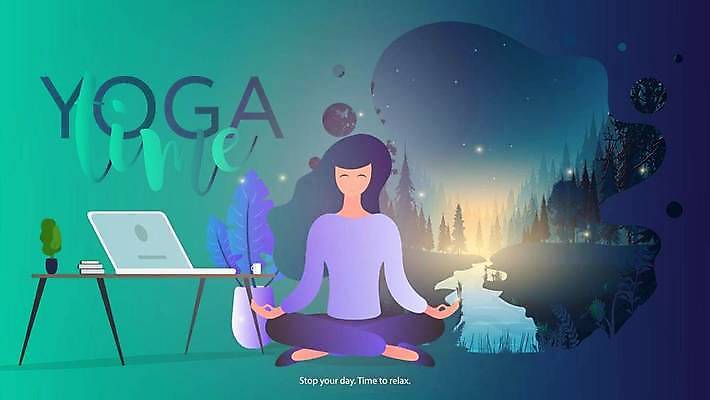 EPS 해외이미지 전신 우먼라이프 여자 화분 일러스트 요가 휴식 건강 한명 성인 노트북 오 편안함 남색 명상 가부좌 청록색 그라데이션 성인여자한명만 해외일러스트 1 라이프스타일 웰빙 컬러 컨셉 사람 앉기 전자제품 감각 여자한명만 성인여자만 파일형식 벡터 이미지허브