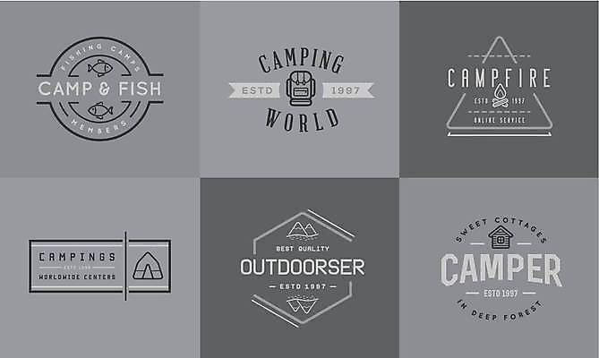 EPS 해외이미지 디자인 가방 일러스트 배낭 산 아웃도어 어류 사람없음 세트 라벨 캠핑 티켓 모닥불 심볼 해외일러스트 잡화 불 레저 프레임 수중동물 파일형식 벡터 이미지허브