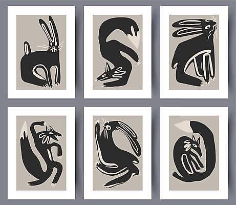 EPS 해외이미지 디자인 여러마리 일러스트 추상 미술 사람없음 세트 검은색 토끼 그림 여우 해외일러스트 컬러 다수 무늬 포유류 문화예술 반려동물 파일형식 벡터 이미지허브