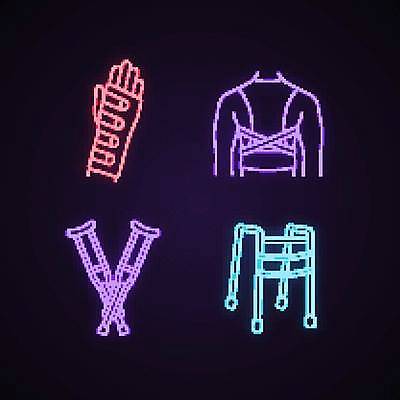 EPS 해외이미지 일러스트 사람없음 빛 네온 자세교정 목발 깁스 보조기구 보행기 네온아트 해외일러스트 의료기기 기구 의료용품 연습 파일형식 벡터 이미지허브