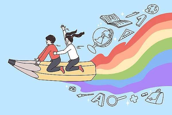 EPS 해외이미지 전신 라이프스타일 디자인 여자 어린이교육 교육 남자 행복 어린이 백그라운드 컨셉 무지개 가방 일러스트 하늘 미술 소년 두명 스터디 연필 손들기 승차 어린이만 해외일러스트 자연요소 잡화 감정 모션 문화예술 학용품 사람 생활 학습 필기구 파일형식 벡터 이미지허브