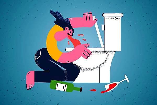 EPS 해외이미지 여자 술잔 일러스트 술병 한명 성인 고통 구토 변기통 숙취 성인여자한명만 해외일러스트 1 감정 병_용기 잔 주류 사람 증상 여자한명만 성인여자만 파일형식 벡터 이미지허브