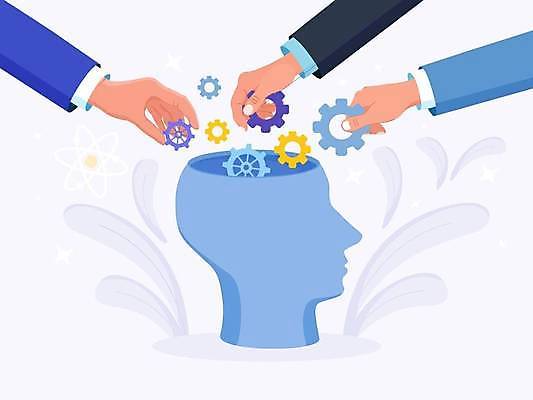 EPS 해외이미지 손 생각 일러스트 아이디어 들기 신체부위 파란색 얼굴모양 톱니바퀴 넣기 해외일러스트 모양 얼굴 컬러 컨셉 모션 사람 파일형식 벡터 이미지허브