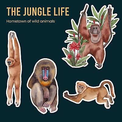 EPS 해외이미지 스티커 잎 여러마리 일러스트 앉기 사람없음 원숭이 잡기 손그림 개코원숭이 엘리먼트 열대꽃 해외일러스트 식물 꽃 다수 포유류 모션 파일형식 벡터 이미지허브