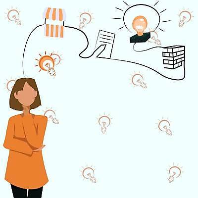 EPS 해외이미지 여자 하늘색 백그라운드 일러스트 비즈니스 전구 아이디어 한명 상반신 성인 팔짱 상점 턱괴기 성인여자한명만 카피스페이스 해외일러스트 1 컨셉 모션 사람 파란색 공백 여자한명만 성인여자만 파일형식 벡터 이미지허브