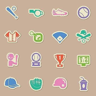 EPS 해외이미지 스티커 일러스트 사람모양 사람없음 세트 컬러풀 라벨 야구방망이 야구글러브 호루라기 트로피 야구공 야구모자 야구장 야구헬멧 점수판 야구화 해외일러스트 모양 모자_잡화 컬러 운동화 공 스포츠시설 프레임 야구용품 글러브 헬멧 상_우승 파일형식 벡터 이미지허브