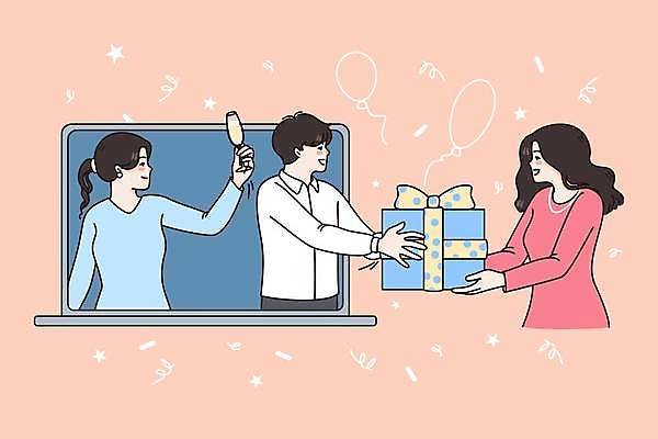 EPS 해외이미지 여자 남자 행복 일러스트 선물 들기 이벤트 성인 세명 친구 선물상자 노트북 파티 축하 주기 샴페인잔 풍선 획득 온라인 소셜 성인만 온라인파티 해외일러스트 감정 컨셉 술잔 관계 모션 사람 전자제품 상자 파일형식 벡터 언택트 이미지허브