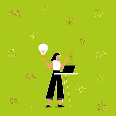 EPS 해외이미지 전신 여자 별 백그라운드 일러스트 비즈니스 전구 아이디어 한명 서기 성인 초록색 노트북 손들기 책상 체크표시 성인여자한명만 카피스페이스 해외일러스트 자연요소 1 컬러 가구 컨셉 모션 사람 전자제품 공백 확인 여자한명만 성인여자만 파일형식 벡터 이미지허브