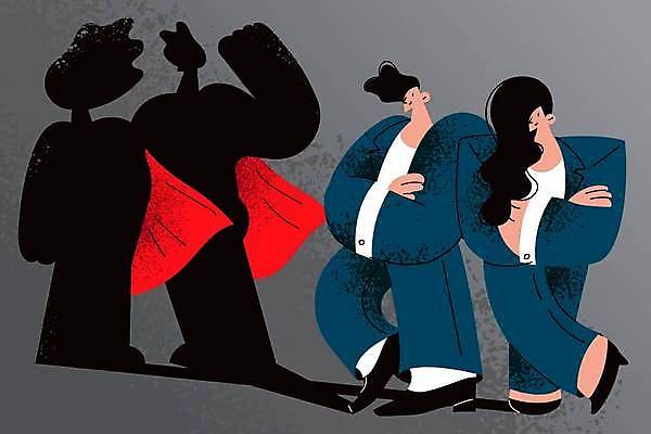 EPS 해외이미지 여자 남자 실루엣 일러스트 비즈니스 그림자 성인 두명 손들기 팔짱 비즈니스맨 비즈니스우먼 자신감 영웅 빨간망토 슈퍼히어로 성인만 해외일러스트 감정 모션 촬영기법 사람 직장인 망토 파일형식 벡터 이미지허브