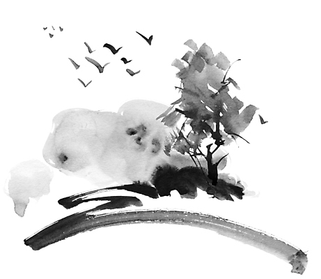 JPG 해외이미지 나무 일러스트 붓터치 수묵화 사람없음 검은색 동양화 번짐 새떼 해외일러스트 식물 컬러 조류 미술 파일형식 효과 이미지허브