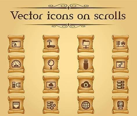 EPS 해외이미지 인터넷 일러스트 사람없음 세트 갈색 모니터 빈티지 네트워크 두루마리 심볼 폴더 와이파이 클라우드서비스 인터넷창 공유기 속도계 스크롤 양피지 해외일러스트 컬러 컨셉 컴퓨터 서비스 파일 무선인터넷 파일형식 벡터 이미지허브