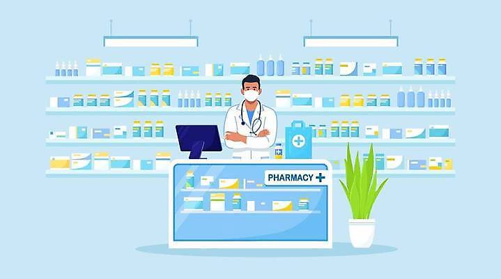 EPS 해외이미지 남자 화분 일러스트 조명 선반 마스크 한명 상반신 성인 파란색 약 팔짱 구급상자 약국 계산대 조제 약사 성인남자한명만 해외일러스트 1 컬러 가구 의학 모션 사람 의료용품 만들기 남자한명만 성인남자만 파일형식 벡터 이미지허브