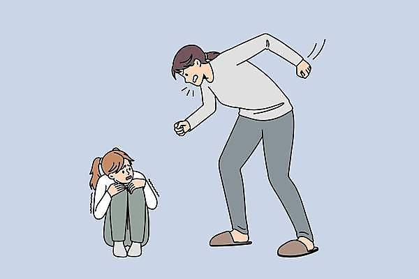 EPS 해외이미지 전신 여자 딸 어린이 하늘색 일러스트 모녀 엄마 서기 앉기 성인 두명 주먹 분노 무서움 아동학대 웅크림 가정폭력 여자만 해외일러스트 감정 가족 모션 사람 파란색 폭력 학대 파일형식 벡터 이미지허브