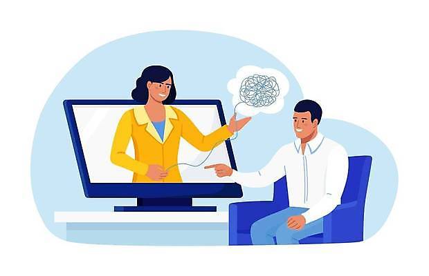 EPS 해외이미지 여자 남자 의자 일러스트 앉기 손짓 상반신 성인 두명 모니터 환자 가리킴 엉킴 상담 우울증 정신질환 조언 치료사 원격의료 성인만 언택트 해외일러스트 직업 가구 의학 모션 사람 컴퓨터 진료 질병 원격 파일형식 벡터 이미지허브