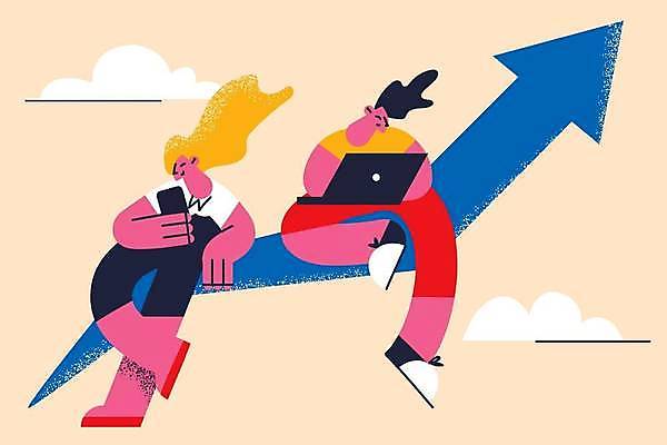 EPS 해외이미지 전신 디자인 여자 화살표 일러스트 비즈니스 들기 앉기 성인 두명 노트북 스마트폰 성장 업무 작업 개발 프로그래밍 성인여자만 해외일러스트 모션 사람 전자제품 핸드폰 스마트기기 여자만 성인만 파일형식 벡터 이미지허브