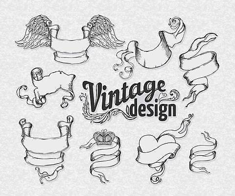 EPS 해외이미지 디자인 리본 일러스트 왕관 사람없음 세트 공백 골동품 하트 빈티지 복고 해외일러스트 모양 컨셉 파일형식 벡터 이미지허브