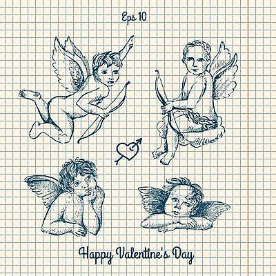 EPS 해외이미지 디자인 남자 일러스트 천사 발렌타인데이 들기 소년 여러명 축하 아기 활 큐피드 스타일 남자아기만 해외일러스트 어린이 다수 컨셉 모션 데이이벤트 사람 남자만 아기만 파일형식 벡터 이미지허브